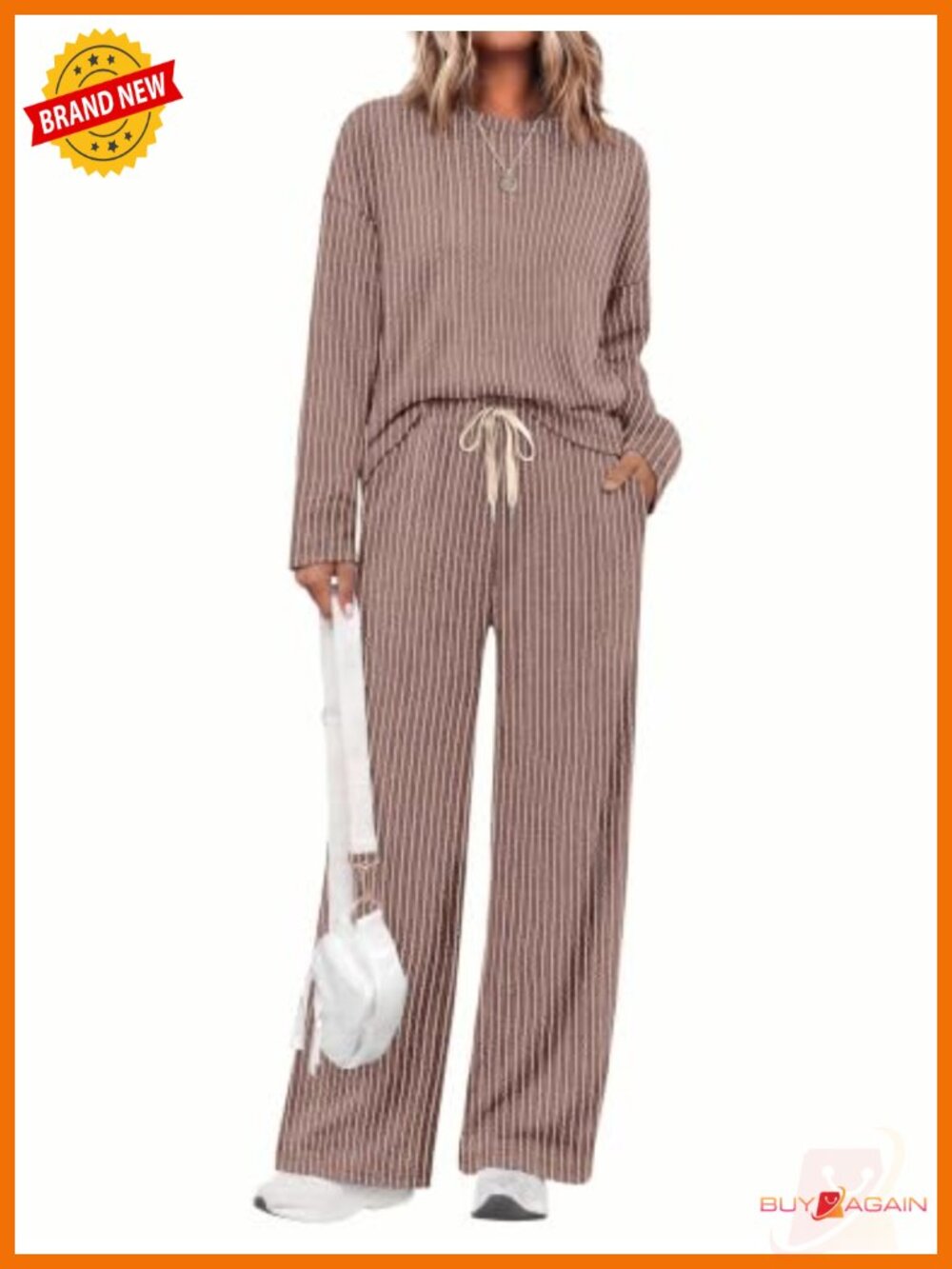 OFEEFAN Ribbed Knit Two Piece Lounge Set Crewneck Long Sleeve Pants